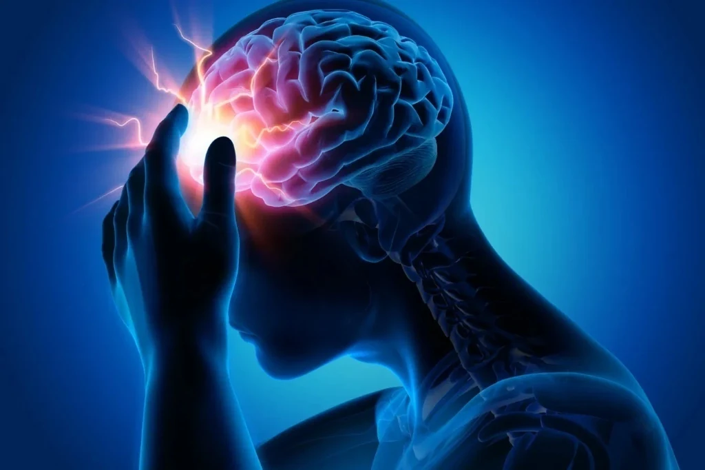 X-ray style view of a human head with the brain lit from within